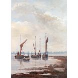 JEAN DEAKIN (MODERN) OIL PAINTING ON BOARD Thames barges at anchor Signed and dated (19)70 lower