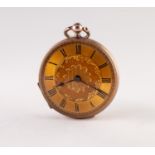 LADY'S CONTINENTAL LATE 19th CENTURY GOLD OPEN FACED POCKET WATCH WITH KEY WIND MOVEMENT,