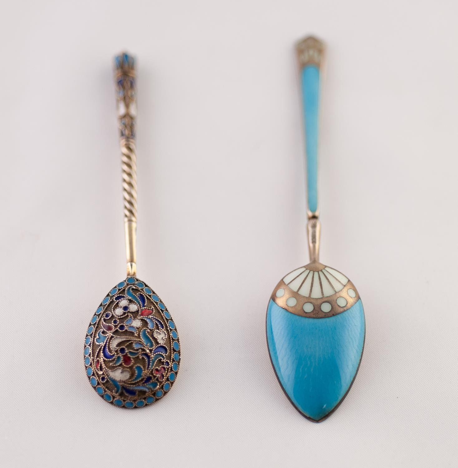 AN IMPERIAL RUSSIAN SILVER GILT (.84 Zolotniks) AND CLOISONNE ENAMEL SPOON, 4" (10cm) long, ALSO A