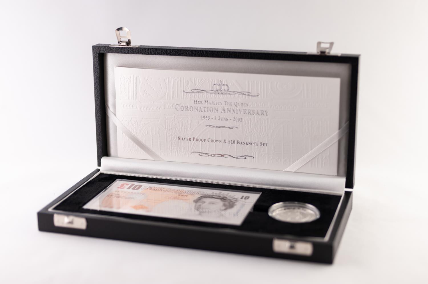 ELIZABETH II ROYAL MINT 2003 LIMITED EDITION PROOF SILVER CROWN AND TEN POUND BANKNOTE SET,