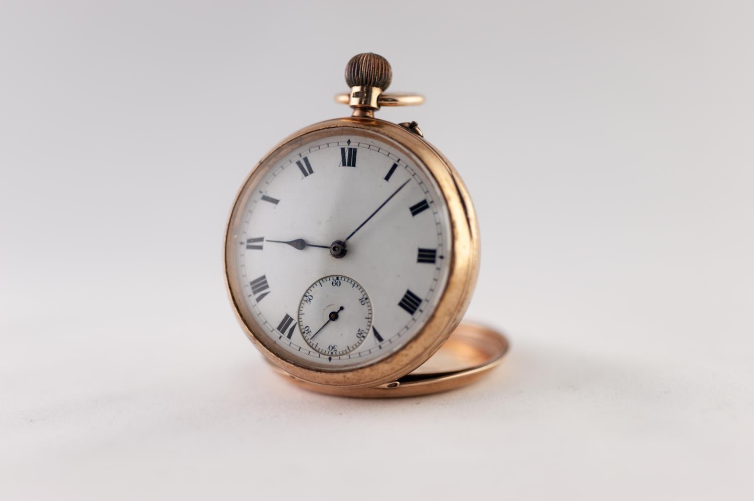 HEAVY 9ct GOLD OPEN FACED POCKET WATCH with 15 jewels English lever movement, white roman dial,