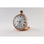 HEAVY 9ct GOLD OPEN FACED POCKET WATCH with 15 jewels English lever movement, white roman dial,