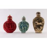 A CHINESE CARVED CINNABAR LACQUER SNUFF BOTTLE with opposing panels of mei-jen in terraced gardens