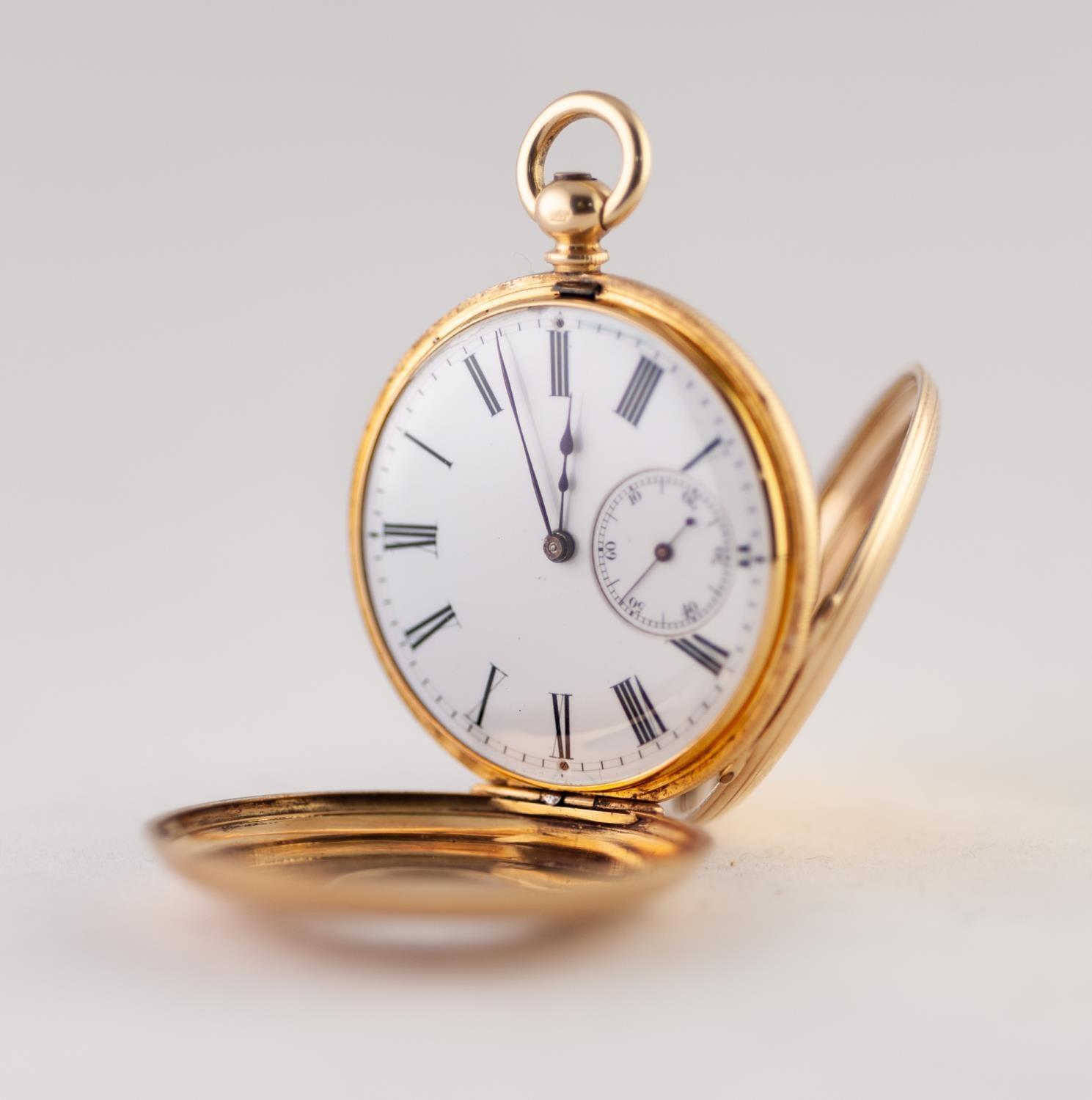 18k GOLD LADY'S DEMI HUNTER POCKET WATCH with keywind movement, white roman dial with subsidiary