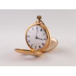 18k GOLD LADY'S DEMI HUNTER POCKET WATCH with keyless movement, white roman dial, the case having