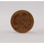 FRENCH 1908 TWENTY FRANCS GOLD COIN, 6.5gms (EF)