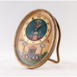 SWISS GILT BRASS MASONIC, SPRING DRIVEN STRUT CLOCK, oval with silvered arabic chapter ring