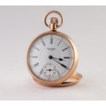 WALTHAM, USA, 9ct GOLD OPEN FACED POCKET WATCH, with keyless movement, NO23908263, white roman