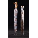 TWO 19TH CENTURY LONG SQUARE-SECTION SCENT BOTTLES, one enamelled and gilt with crescent moons and