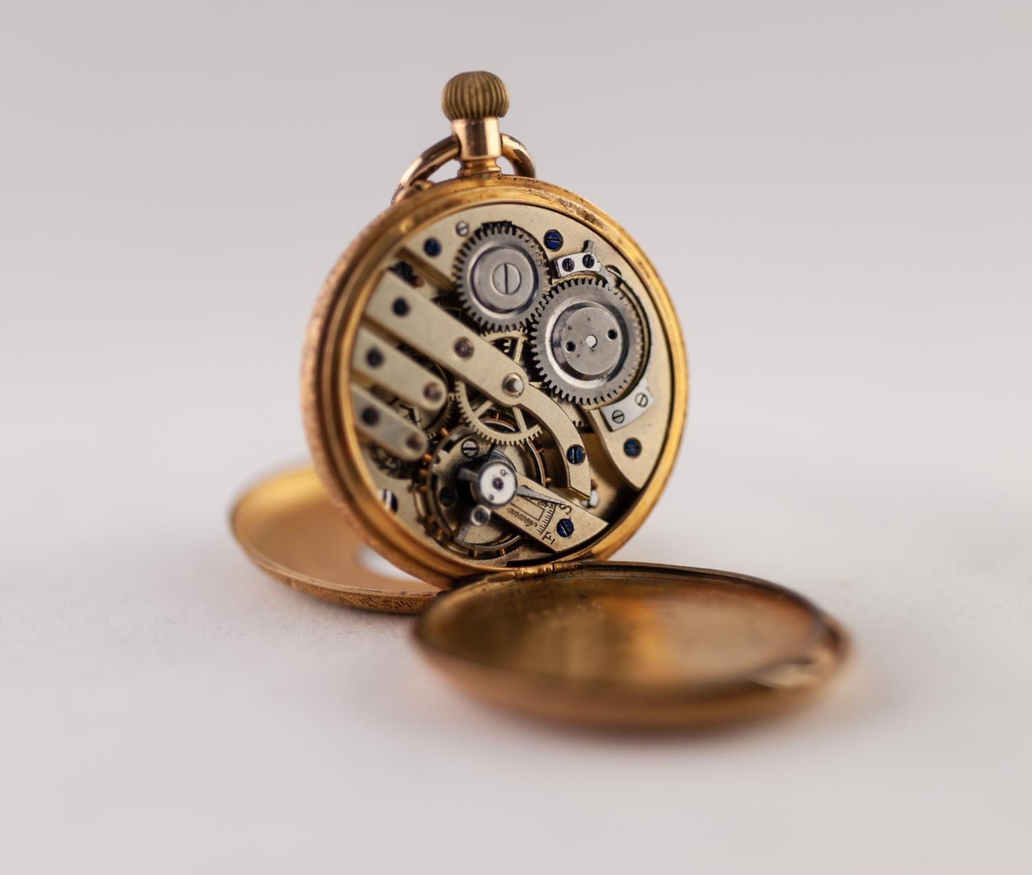 18k GOLD LADY'S DEMI HUNTER POCKET WATCH, with keyless movement, white porcelain roman dial, the - Image 2 of 3