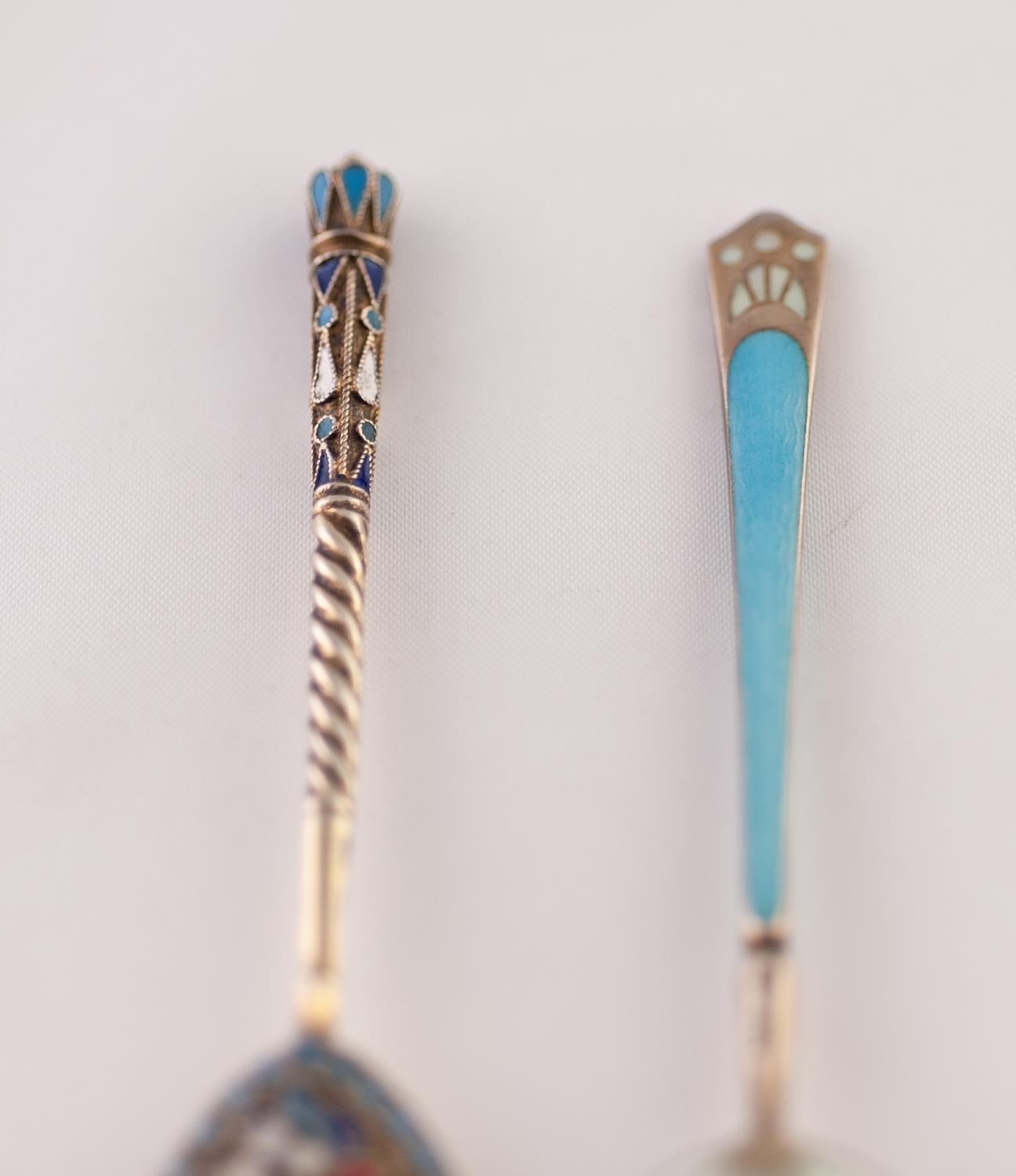 AN IMPERIAL RUSSIAN SILVER GILT (.84 Zolotniks) AND CLOISONNE ENAMEL SPOON, 4" (10cm) long, ALSO A - Image 2 of 5