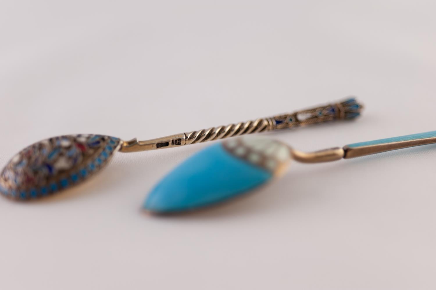 AN IMPERIAL RUSSIAN SILVER GILT (.84 Zolotniks) AND CLOISONNE ENAMEL SPOON, 4" (10cm) long, ALSO A - Image 3 of 5