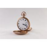 RECORD, SWISS 9ct GOLD FULL HUNTER POCKET WATCH with keyless 15 jewels movement, white roman dial