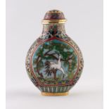 A 20TH CENTURY CHINESE GILT METAL AND CLOISONNE ENAMEL SNUFF BOTTLE, with opposing panels of deer