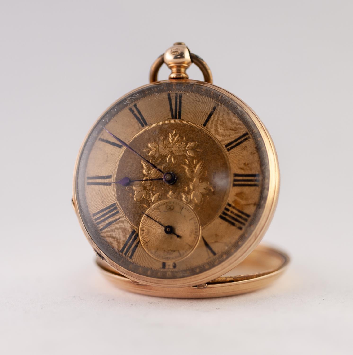 EARLY 20TH CENTURY 14ct GOLD OPEN FACED KEYWIND POCKET WATCH, the 15 jewels patent lever movement