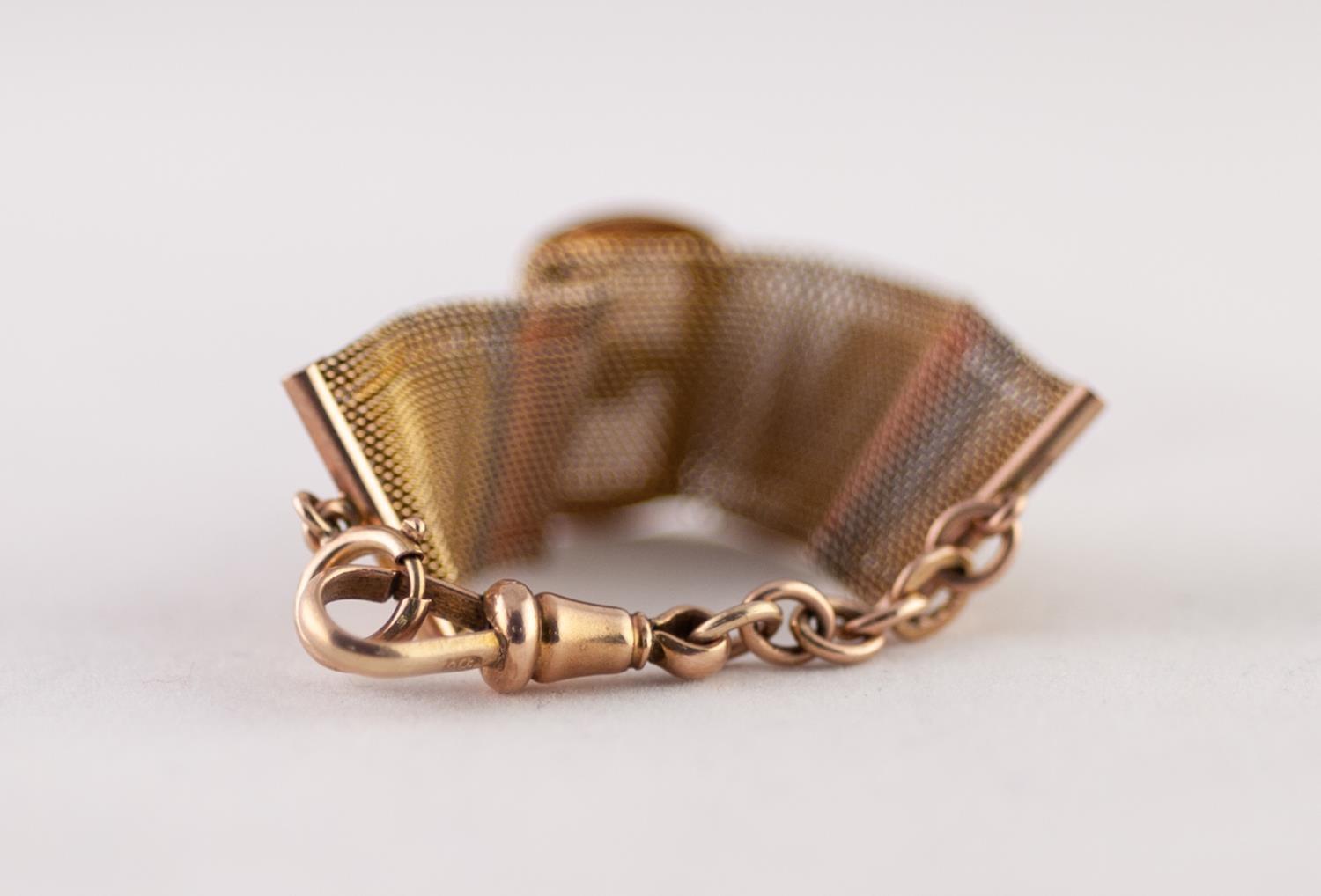GOLD WATCH FOB, of tri-coloured mesh design with a central buckle motif, with jump ring and clip, - Image 2 of 2
