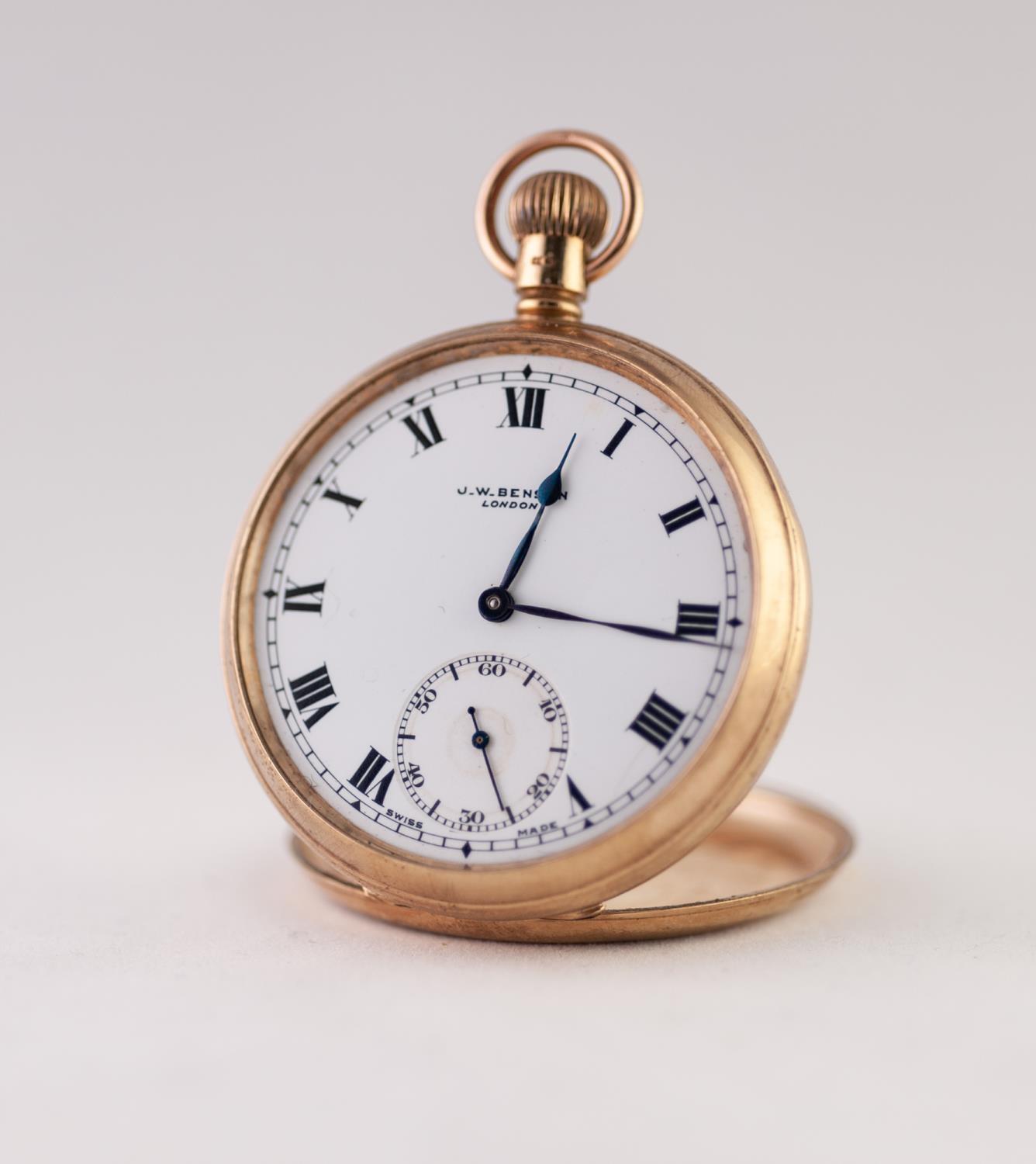 J.W. BENSON, LONDON 9ct GOLD OPEN FACED POCKET WATCH with Swiss 15 jewels keyless movement, white