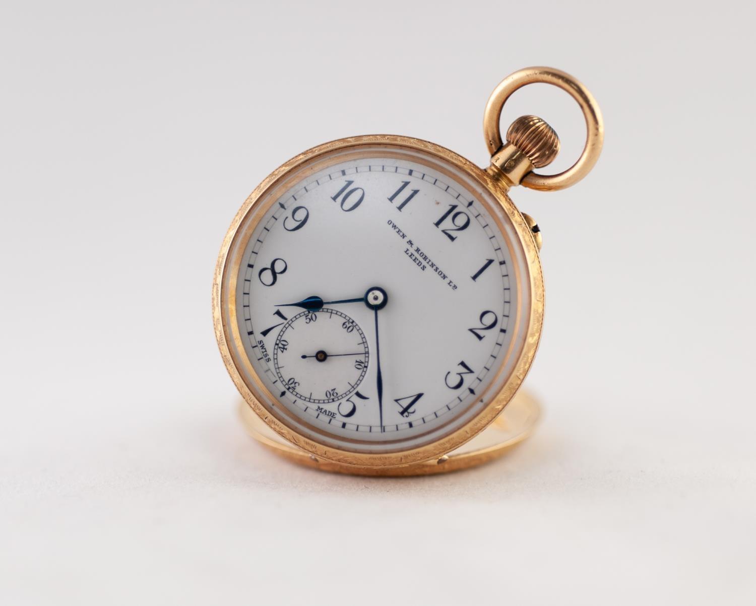 GWEN AND ROBINSON LTD, LEEDS (retailers) 18K GOLD OPEN FACED POCKET WATCH, with Swiss keyless