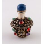 A SMALL GILT METAL CABOCHON STONE ENCRUSTED SNUFF BOTTLE, the blue stone stopper with bone spoon