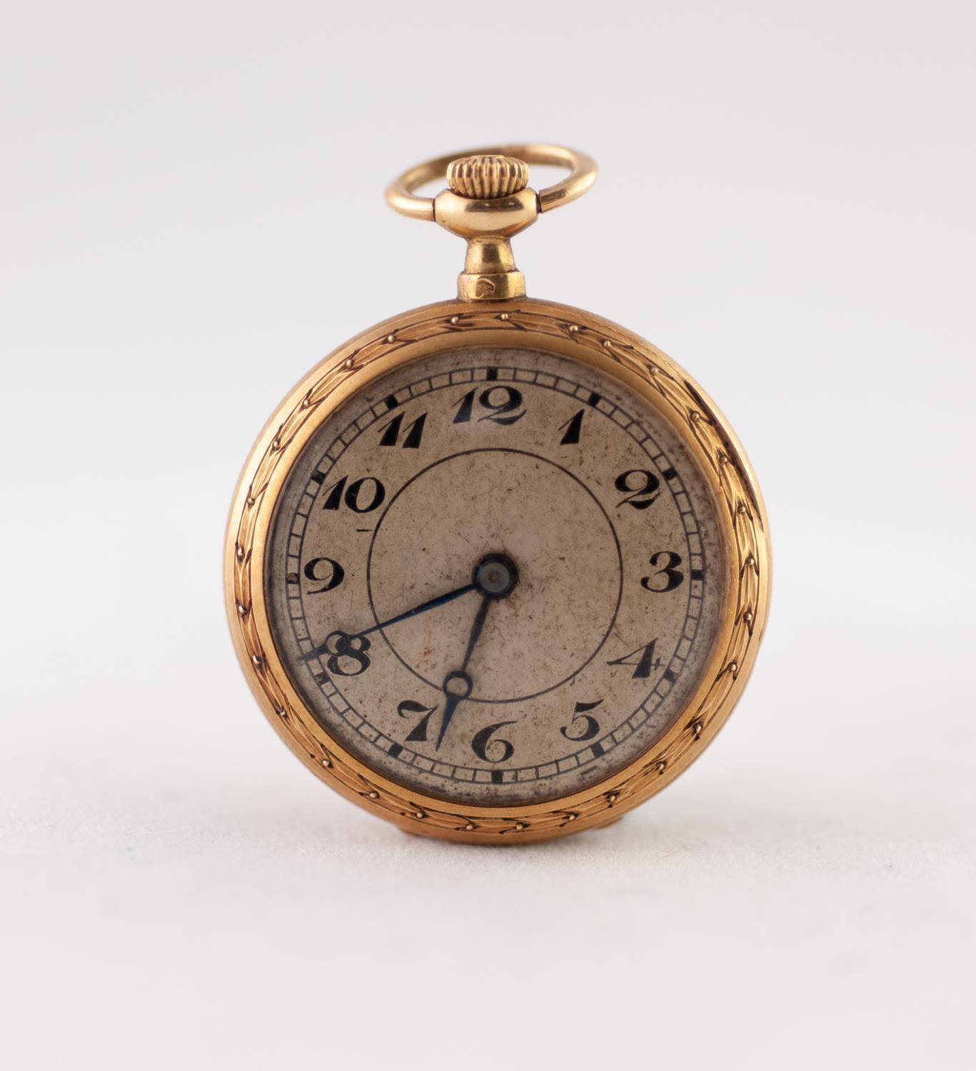 FRENCH LATE NINETEENTH CENTURY GOLD COLOURED METAL SMALL FOB WATCH with keyless movement, silvered