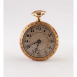 FRENCH LATE NINETEENTH CENTURY GOLD COLOURED METAL SMALL FOB WATCH with keyless movement, silvered