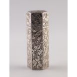 A LATE VICTORIAN SILVER HEXAGONAL SCENT BOTTLE, chased with foliate scrollwork, by Samson Morden,