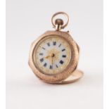 EDWARDIAN 9ct GOLD FOB WATCH with keyless movement, roman white porcelain dial with gilt decoration,