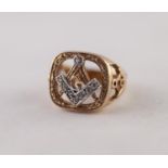 9ct GOLD WHITE SAPPHIRE MASONIC RING with pierced and paste set Masonic motif, ring size O, 9g