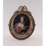 A LATE 19TH CENTURY FRENCH PASTICHE OVAL PORTRAIT MINIATURE ON IVORY OF MADAM POMPADOR, contained in