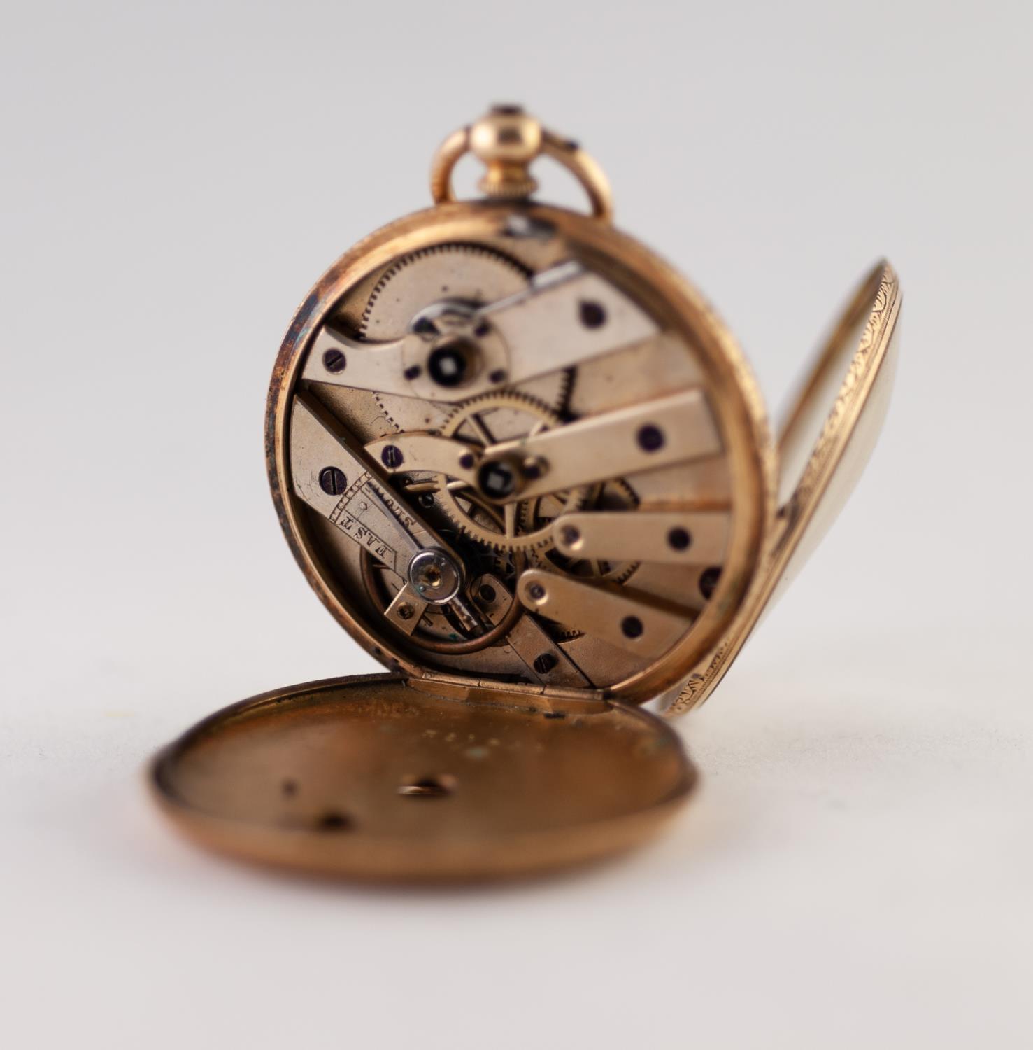 18k GOLD OPEN FACED POCKET WATCH with key wind movement, floral engraved roman dial, the case engine - Image 2 of 3