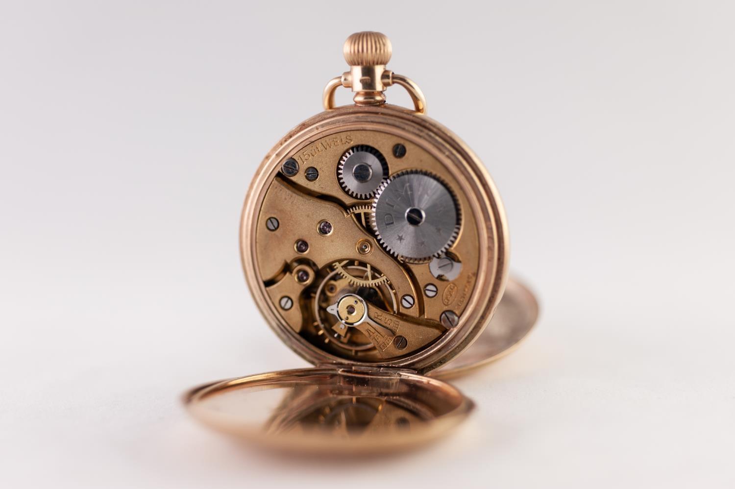 DIMRA 9ct GOLD FULL HUNTER POCKET WATCH WITH SWISS 15 JEWELS KEYLESS MOVEMENT, roman white dial with - Image 2 of 2