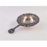 AN IMPERIAL RUSSIAN SILVER (.900 purity) AND CLOISONNE ENAMEL TEA STRAINER, 4 1/2" (11.5cm) long