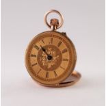 14k GOLD LADY'S POCKET WATCH with keyless movement, gold coloured roman dial with floral and foliate