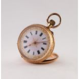 LADY'S 18ct GOLD OPEN FACED POCKET WATCH, with keyless movement, decorated white porcelain roman