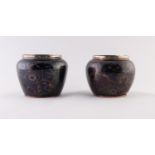 A GOOD QUALITY PAIR OF SMALL JAPANESE MEIJI PERIOD COPPER ALLOY SMALL BOWLS, the patinated bodies