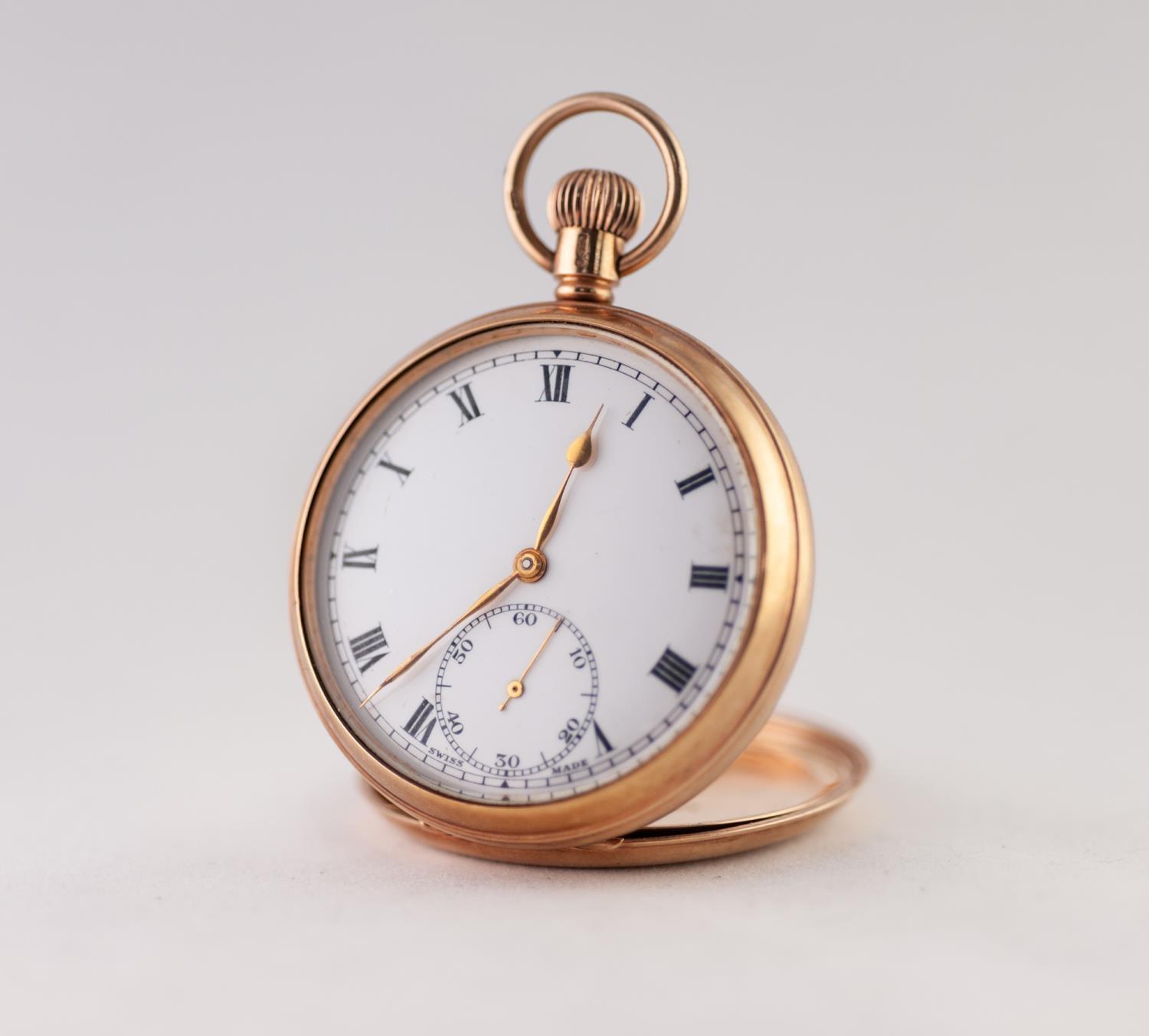 9ct GOLD OPEN FACED POCKET WATCH with keyless 15 jewels Swiss movement, white roman dial with