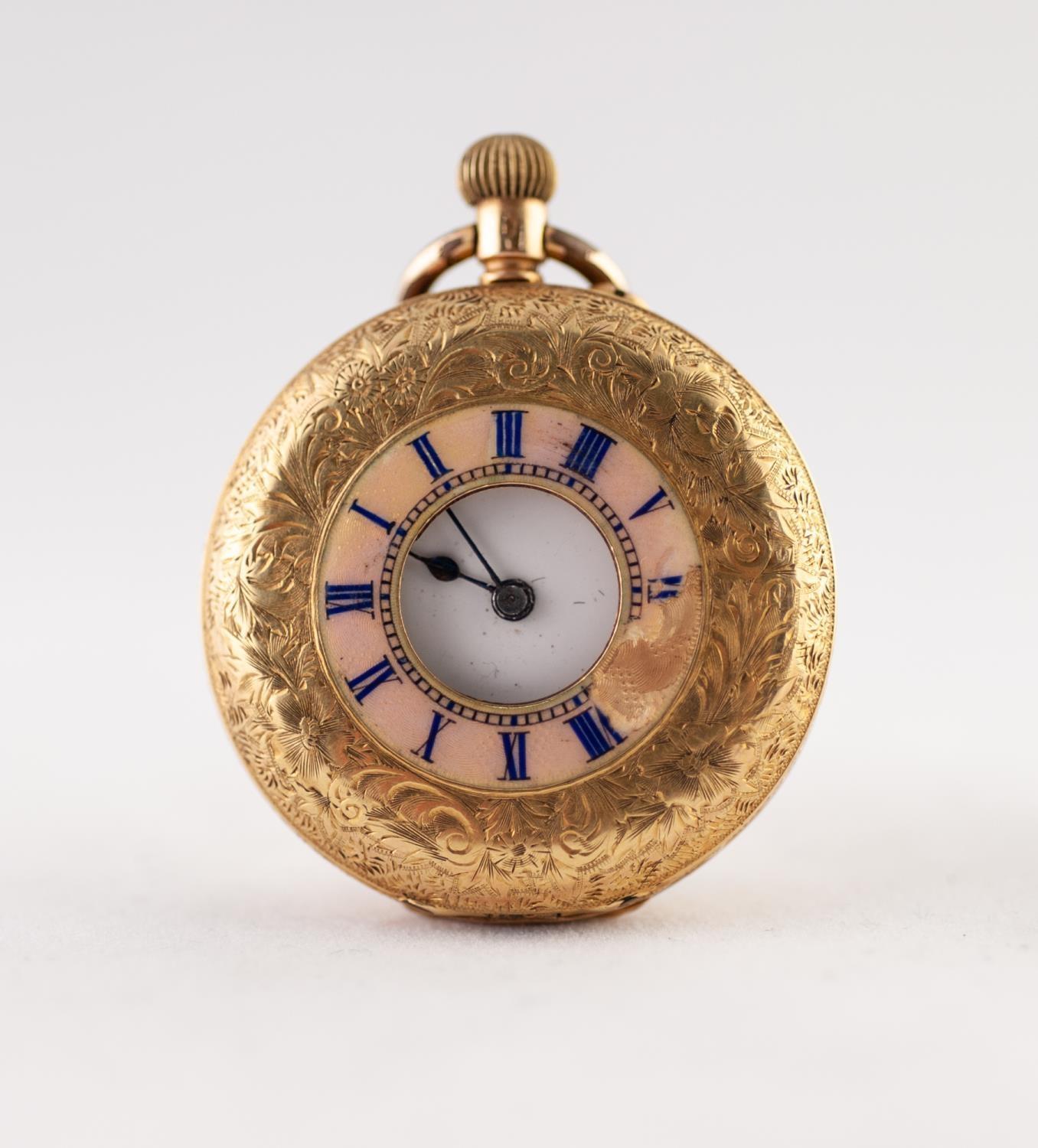 18k GOLD LADY'S DEMI HUNTER POCKET WATCH, with keyless movement, white porcelain roman dial, the - Image 3 of 3