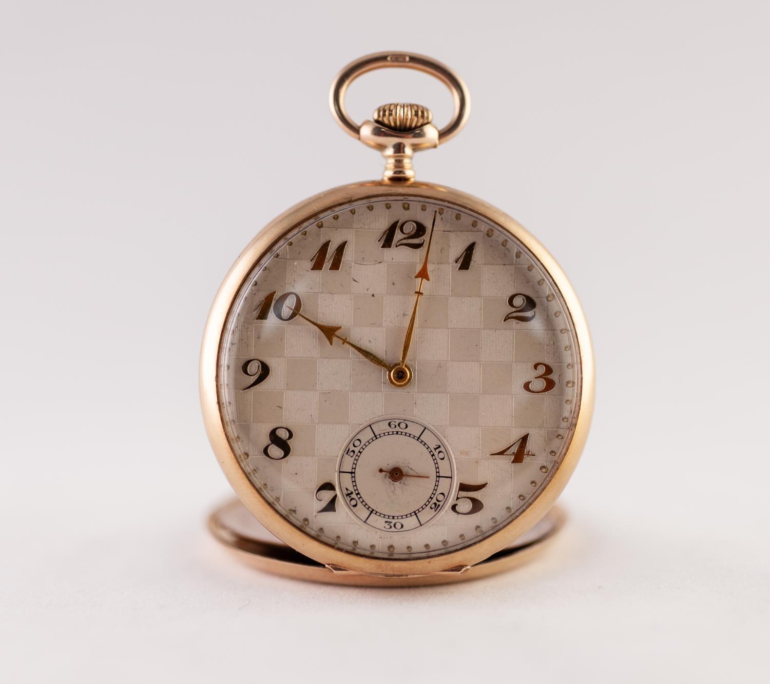 9ct GOLD OPEN FACED POCKET WATCH with keyless movement, the silvered dial having chequer board - Image 2 of 3