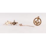PAIR 9ct GOLD MASONIC SQUARE AND COMPASS CUFFLINKS, A MASONIC STICK PIN AND A 9ct GOLD MASONIC