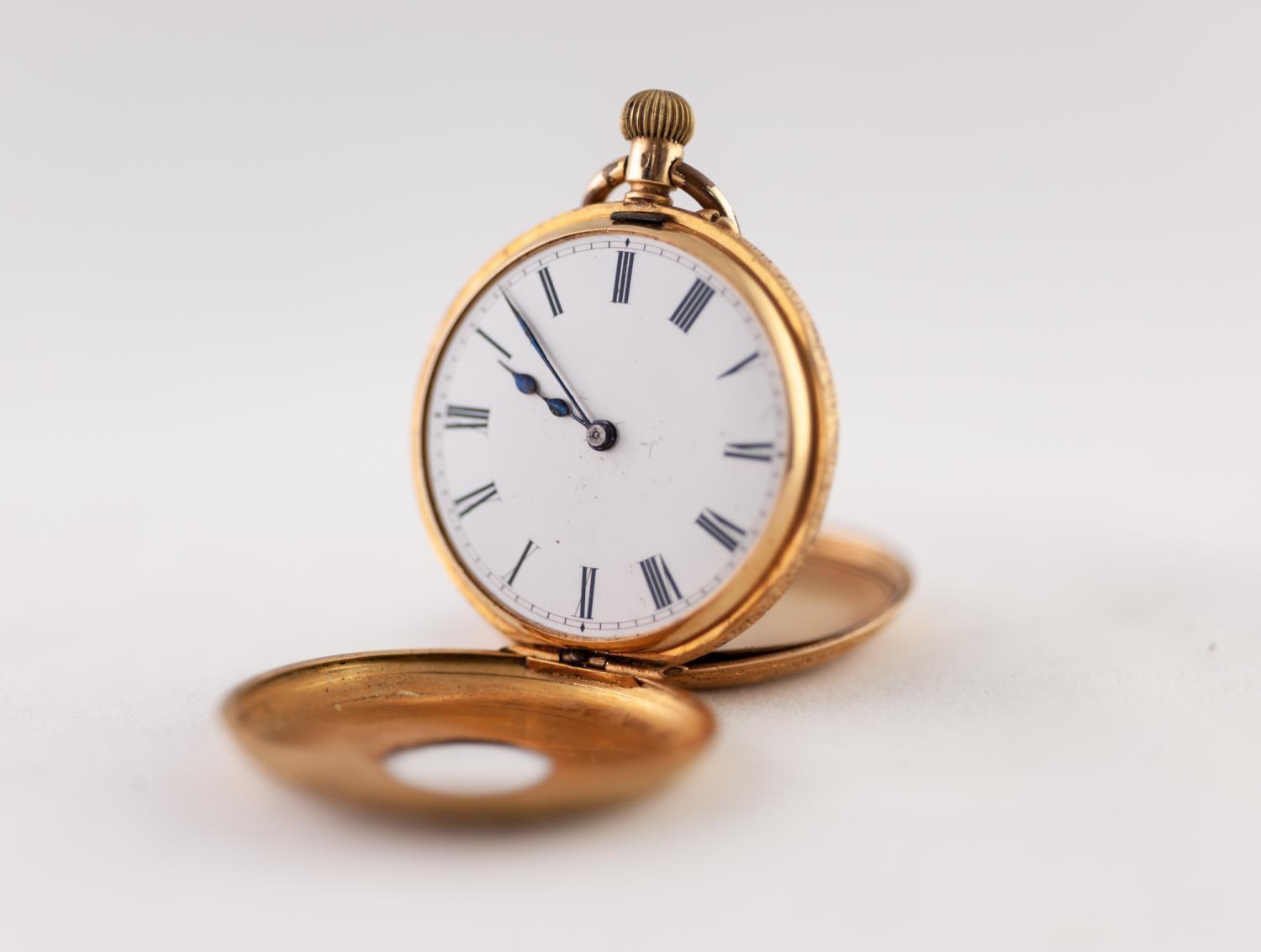 18k GOLD LADY'S DEMI HUNTER POCKET WATCH, with keyless movement, white porcelain roman dial, the