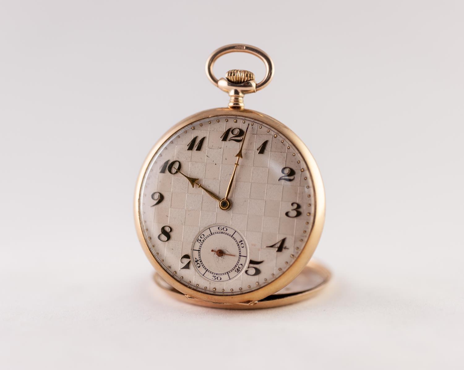 9ct GOLD OPEN FACED POCKET WATCH with keyless movement, the silvered dial having chequer board