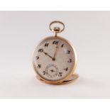 9ct GOLD OPEN FACED POCKET WATCH with keyless movement, the silvered dial having chequer board