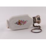 A LATE VICTORIAN/EDWARDIAN FLORAL ENAMELLED OPAQUE WHITE GLASS WHITE METAL TOPPED SCENT BOTTLE,
