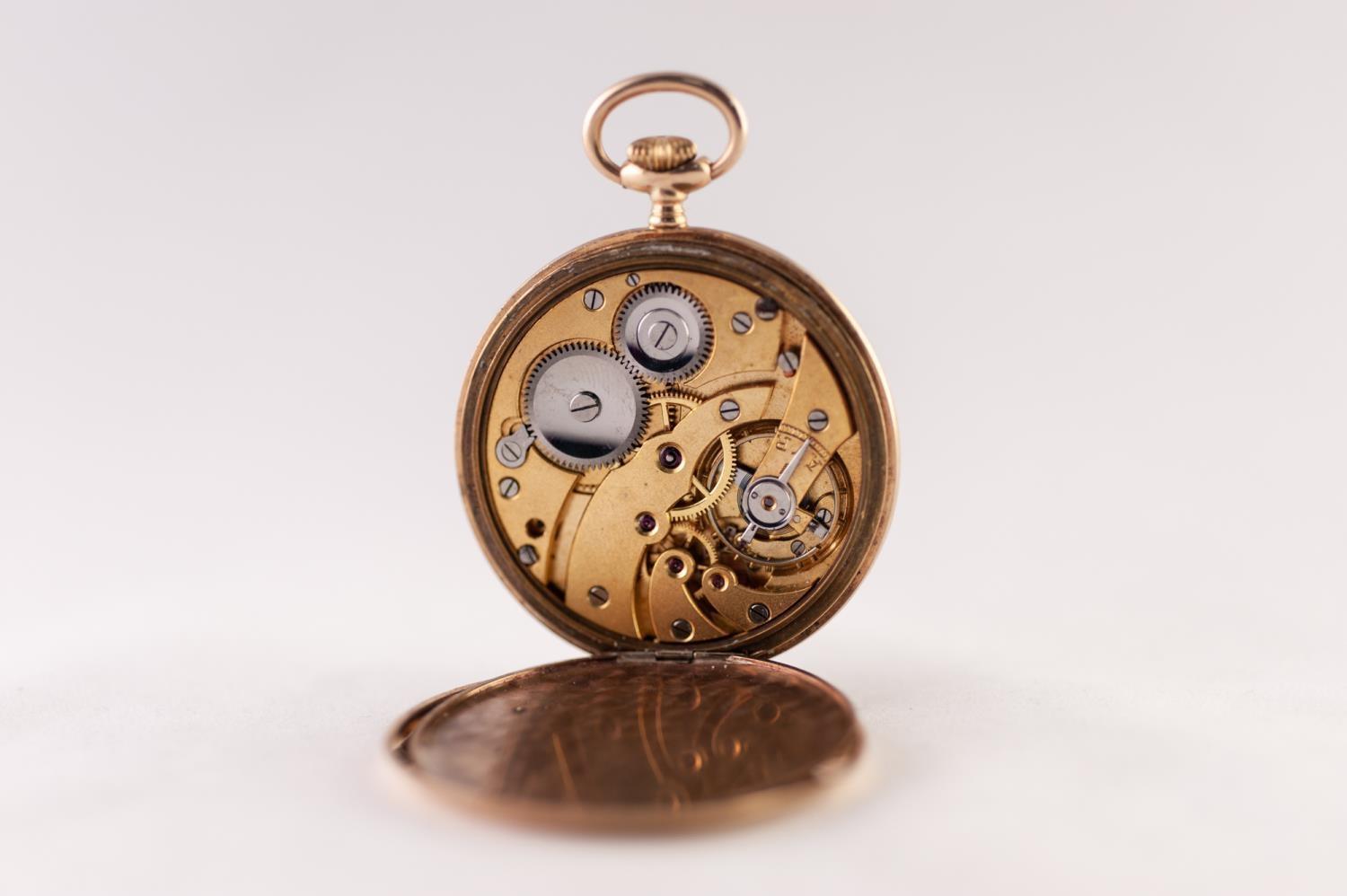 9ct GOLD OPEN FACED POCKET WATCH with keyless movement, the silvered dial having chequer board - Image 3 of 3