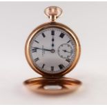 J.W. BENSON, LONDON, 9ct GOLD DEMI HUNTER POCKET WATCH WITH SWISS 15 JEWELS MOVEMENT, roman white