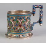 A FINE IMPERIAL RUSSIAN SILVER (84 zolotniks purity) PARCEL GILT AND CLOISONNE ENAMEL MUG, the