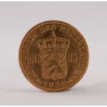 NETHERLANDS 1925 TEN GUILDERS GOLD COIN, 7gms (EF)