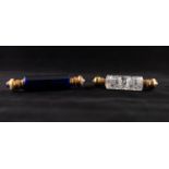 A VICTORIAN FACETED SAPPHIRE BLUE GLASS GILT METAL MOUNTED DOUBLE ENDED SCENT BOTTLE, 6" (15.5cm)