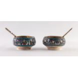 A PAIR OF IMPERIAL RUSSIAN SILVER (.84 zolotniks) AND CLOISONNE ENAMEL SALT CELLARS WITH
