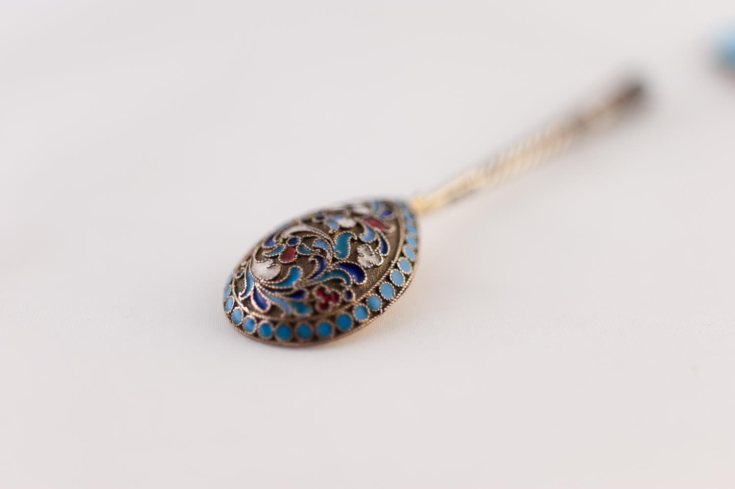 AN IMPERIAL RUSSIAN SILVER GILT (.84 Zolotniks) AND CLOISONNE ENAMEL SPOON, 4" (10cm) long, ALSO A - Image 5 of 5